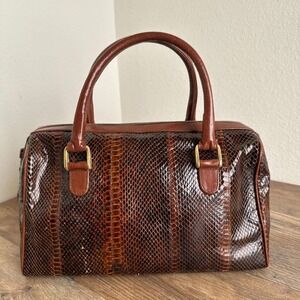 Vintage Genuine Snakeskin Leather Satchel Handbag Handmade Brown